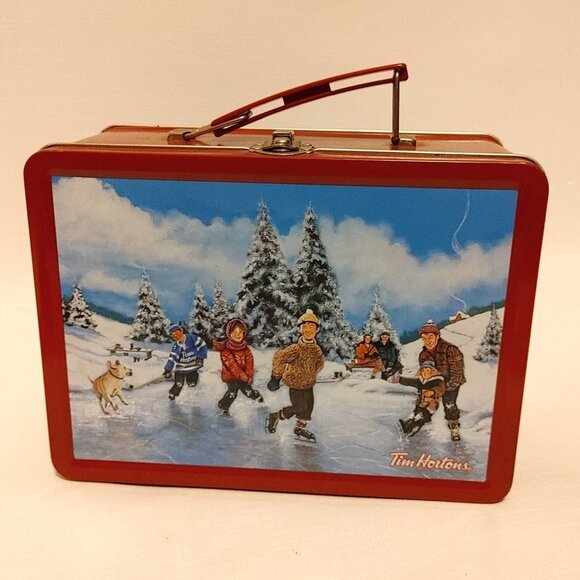 RARE Vintage Tim Hortons Skating Pond Lunch Box Metal Lunch Pail with Handle - Picture 1 of 7